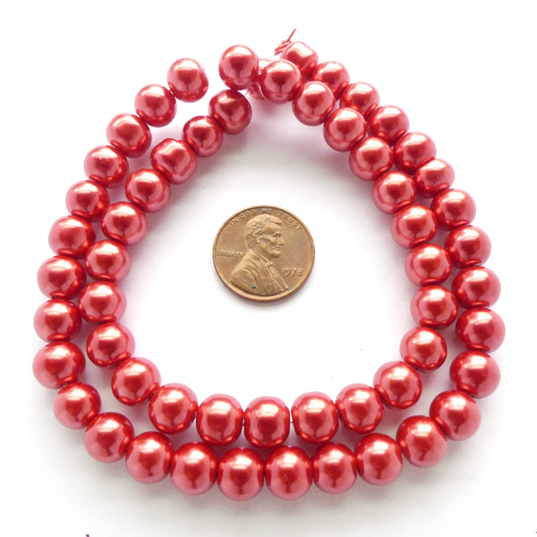 Glass Pearls, Round Red Luster, 8mm on 16-inch Strands