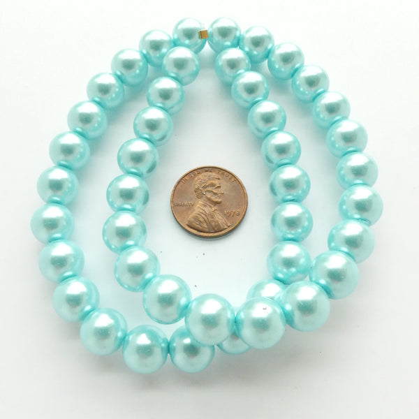 Glass Pearls, Round Light Turquoise Luster, 12mm on 16-inch Strands