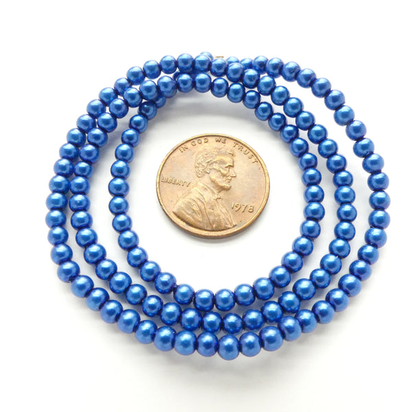 Glass Pearls, Round Dark Blue Luster, 3mm on 16-inch Strands