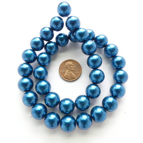Glass Pearls, Round Dark Blue Luster, 12mm on 16-inch Strands