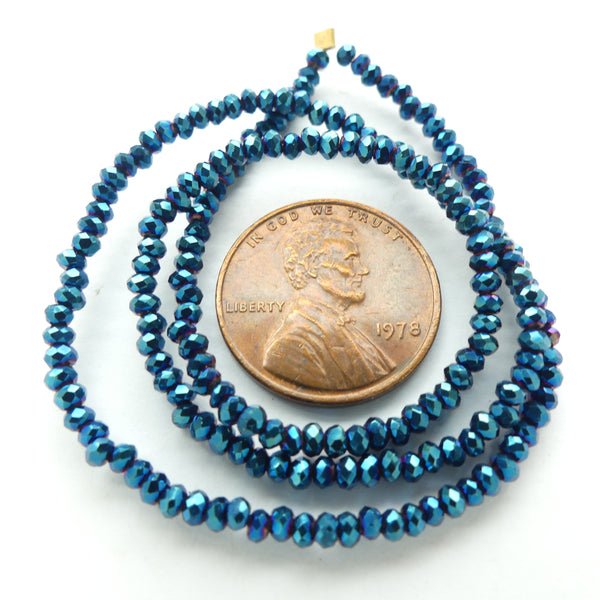 Faceted Glass, "Dragon Crystal" 1x2mm Opaque Blue Iris on 12-inch Strands