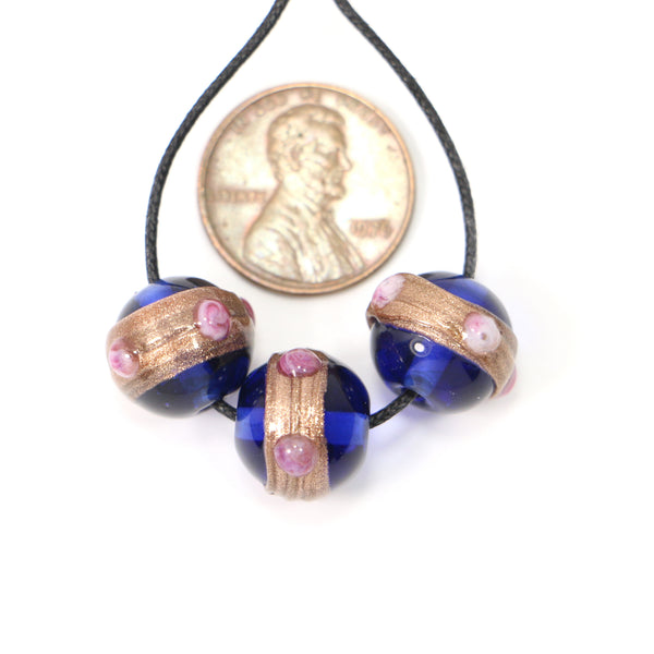 Blue Round Beads 12mm Diameter with Goldstone Belt and Pink Dots, Sets of 3