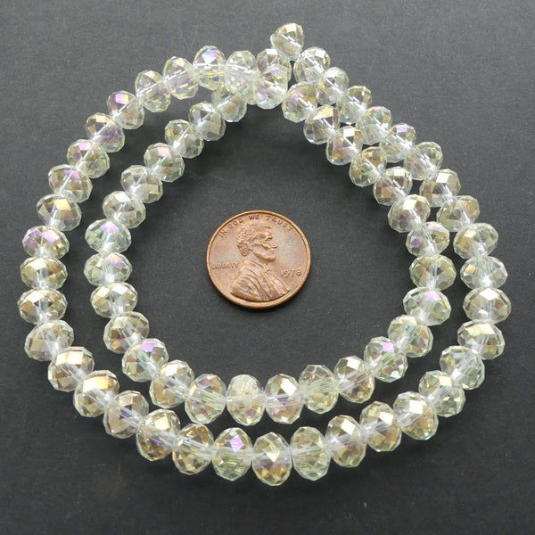 Faceted Glass, "Dragon Crystal" 6x8mm Clear Crystal with AB Finish on 16-inch Strands