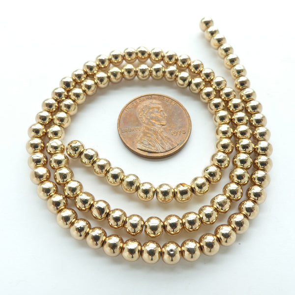 Glass, Gold Plated with Anti-Tarnish Coating, 4mm Round on 16-inch Strands