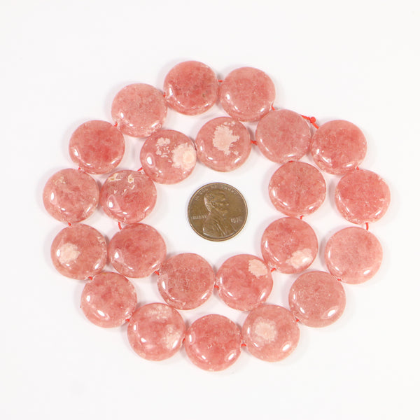 Rhodochrosite, Coin Shape Slightly Puffy, 18mm Diameter on 16-inch Strand