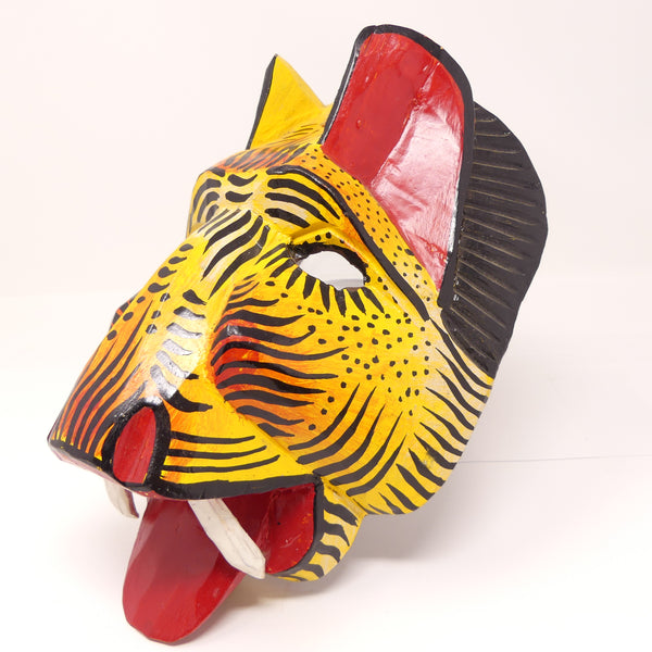 Mask, Hand Painted Wood, Red, Yellow and Black, 7x9 inches
