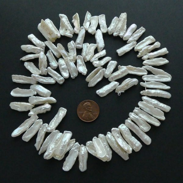 Pearls, White, Keshi Sticks 14-16mm long on 16-inch Strands