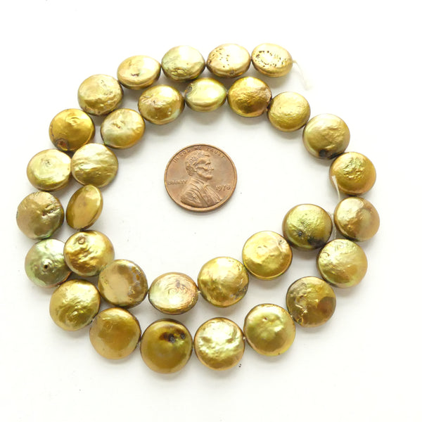 Pearls, Bronze, Golden Coin Shape 12mm Diameter on 16-inch Strand