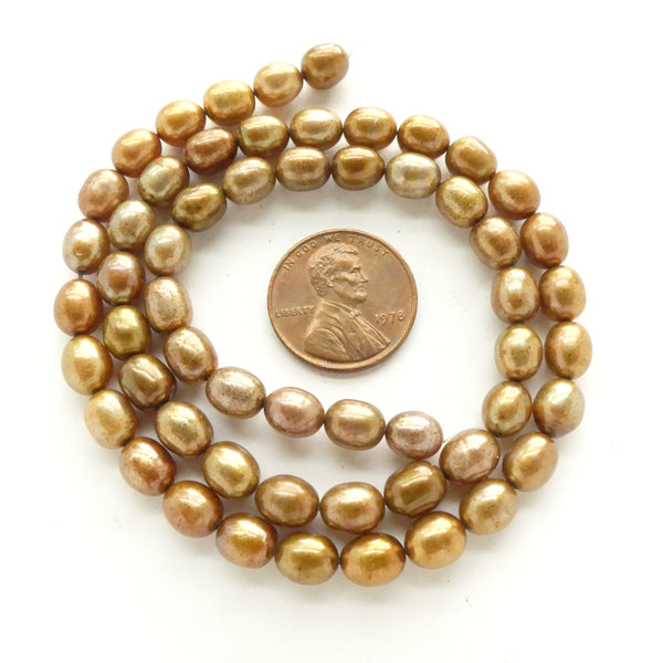 Pearls, Bronze, Oval Rice 6x5mm on 16-inch Strands