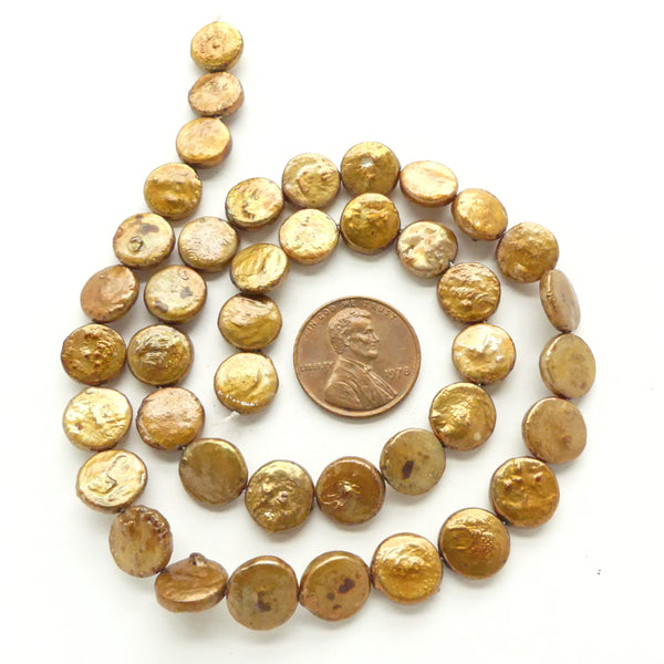 Pearls, Bronze, Coin Shape 10mm Diameter on 16-inch Strands