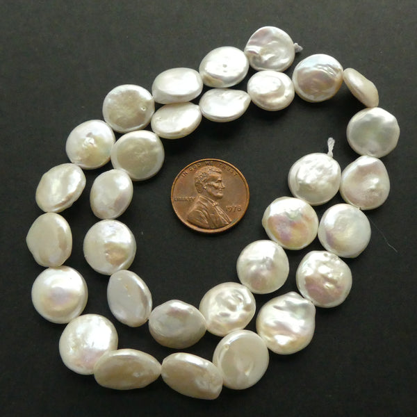 Pearls, White, Coin Shape 12mm Diameter on 16-inch Strands