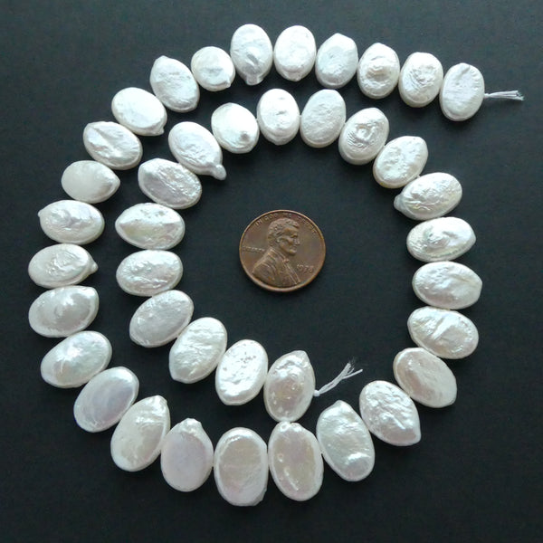 Pearls, White, Oval 10x15mm on 16-inch Strand