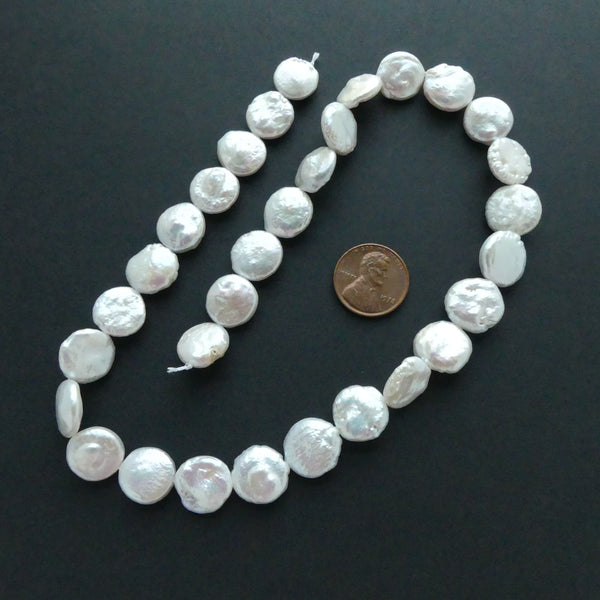 Pearls, White, Coin Shape 12-13mm Diameter on 16-inch Strands