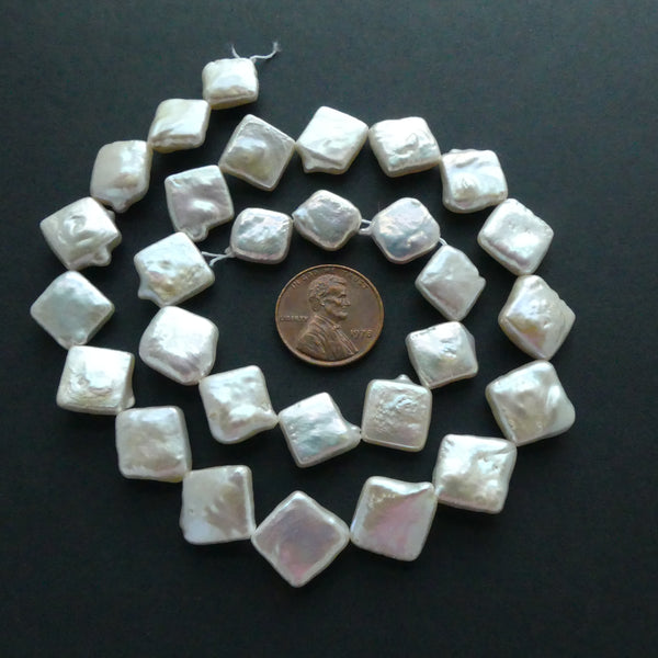 Pearls, White, Diamond Shape Drilled Corner to Corner, 12x12mm on 16-inch Strands