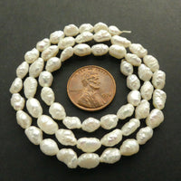 Pearls, White, Baroque Rice Shape, 7x5mm on 16-inch Strands
