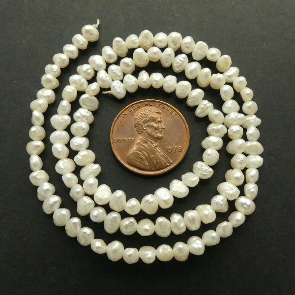 Pearls, White, Small Baroque Nuggets, About 4x4mm on 16-inch Strands