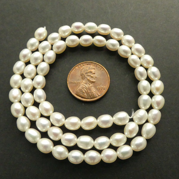 Pearls, White, Rice 6x5mm on 16-inch Strands