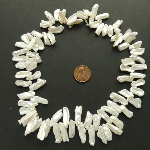 Pearls, White, Stick Pearls, Keshi, Top Drilled, 15-20mm Long on 16-inch Strands