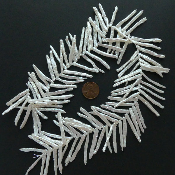 Pearls, White, Sticks Drilled for Fishbone Effect, Sticks 1.25 inches Long on 16-inch Strand