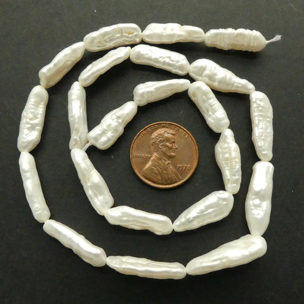 Pearls, White, Stick Pearls Drilled Lengthwise, 20x4mm on 16-inch Strand