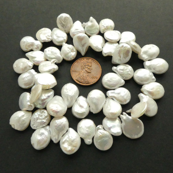 Pearls, White, Pear Shape Flat, 12mm Long on 16-inch Strand