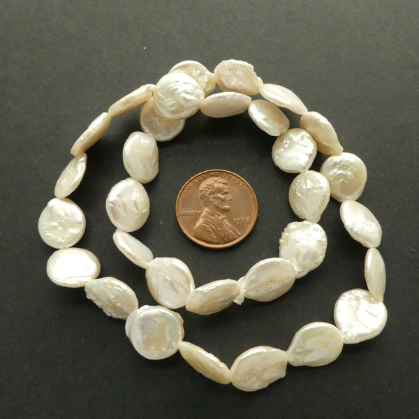 Pearls, White, Coin Shape/Pear Shape, 11-12mm Diameter