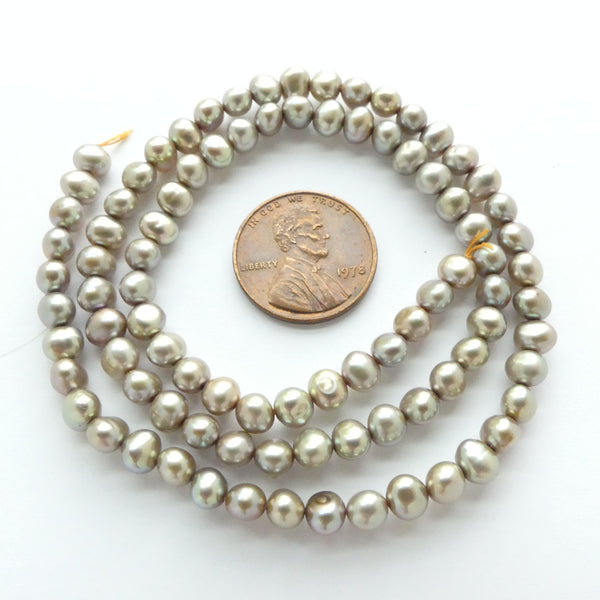 Pearls, Silver, Almost Round 4mm on 16-inch Strands