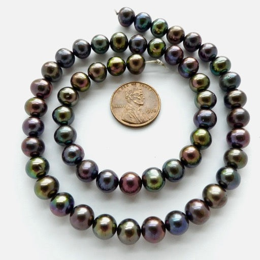 Pearls, Peacock, Large Dark Round 9mm on 16-inch Strands