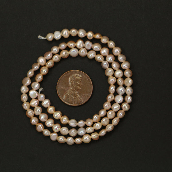 Pearls, Pink, Baroque, Very Smooth & Lustrous, 5mm Diameter on 16-inch Strands