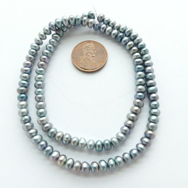 Pearls, Silver, Button Shape 3x5mm on 16-inch Strand