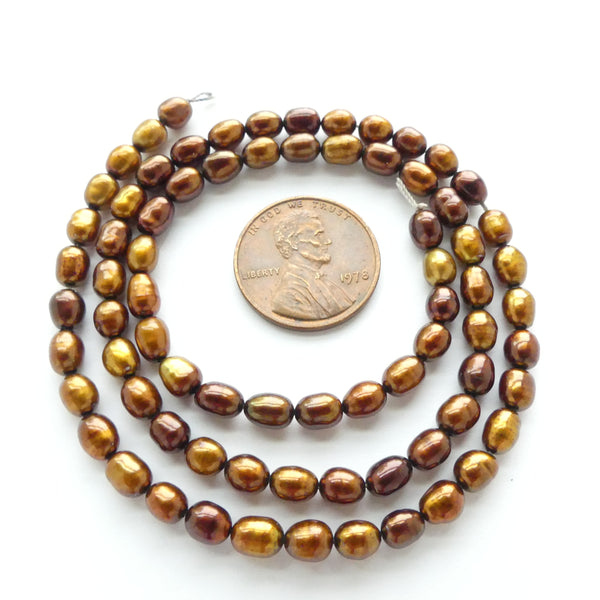 Pearls, Bronze, Rice Shape 5-6x3mm on 16-inch Strand