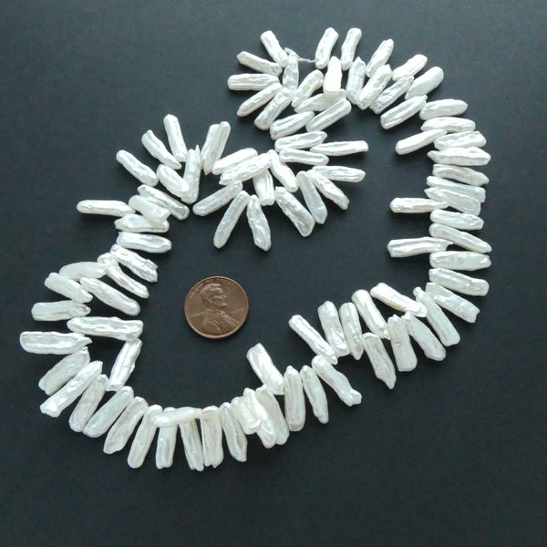 Pearls, White, Keshi Stick Pearls, 22-24mm Long on 16-inch Strand