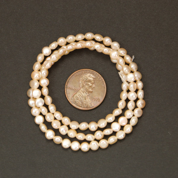 Pearls, Pink, Side-Drilled Buttons, 4x4mm on 16-inch Strand