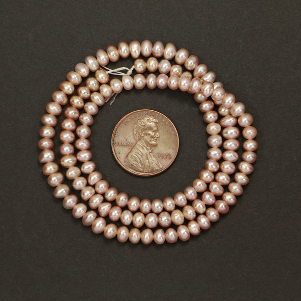 Pearls, Pink, Button Shape, 3x4mm on 16-inch Strand