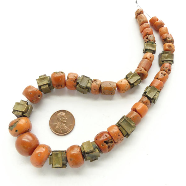 Coral, Antique Sumatran Necklace of Coral and Complex Metal Beads