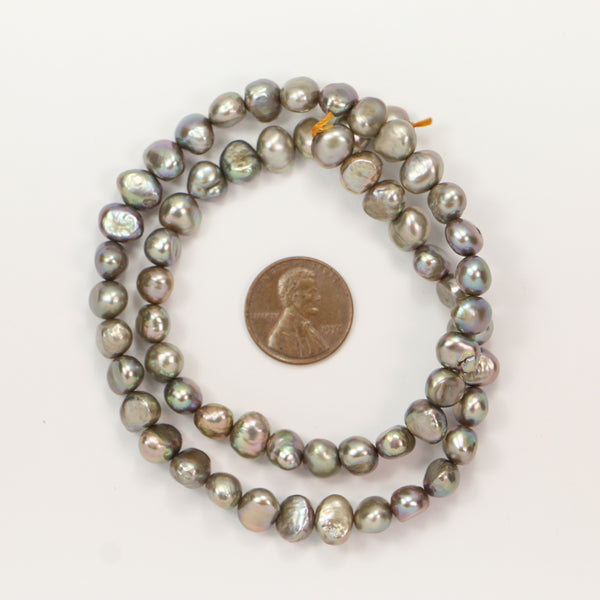 Pearls, Silver, Potato/Baroque Shape 7x8mm on 16-inch Strand