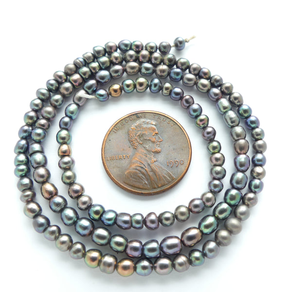 Pearls, Peacock, Potato Shape 3x4mm on 16-inch Strands