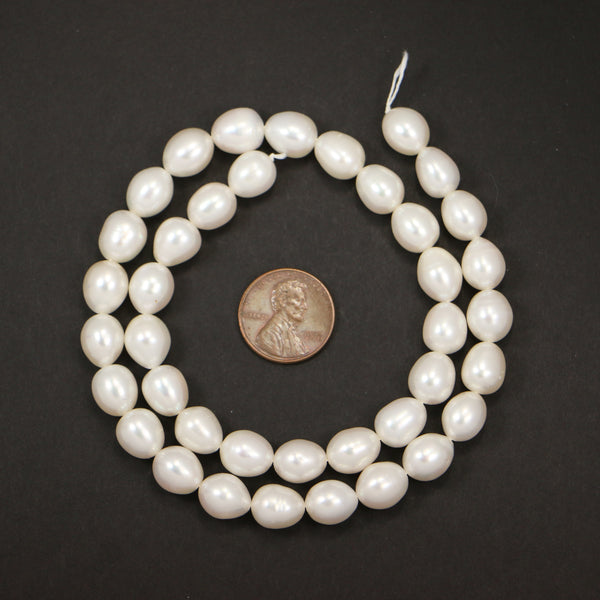 Pearls, White, Oval/Egg Shape Large, 11x8mm on 16-inch Strand