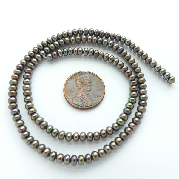 Pearls, Peacock, Button Shape, 3x4mm on 16-inch Strands