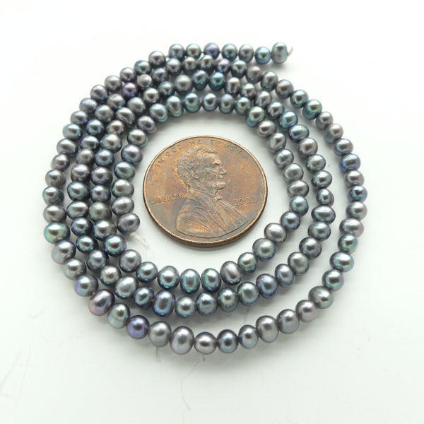 Pearls, Peacock, Potato Shape, 3x4mm on 16-inch Stands