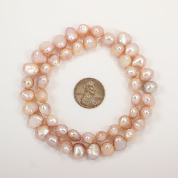 Pearls, Pink, Baroque, Large, Smooth, & Lustrous About 8x9mm on 16-inch Strand