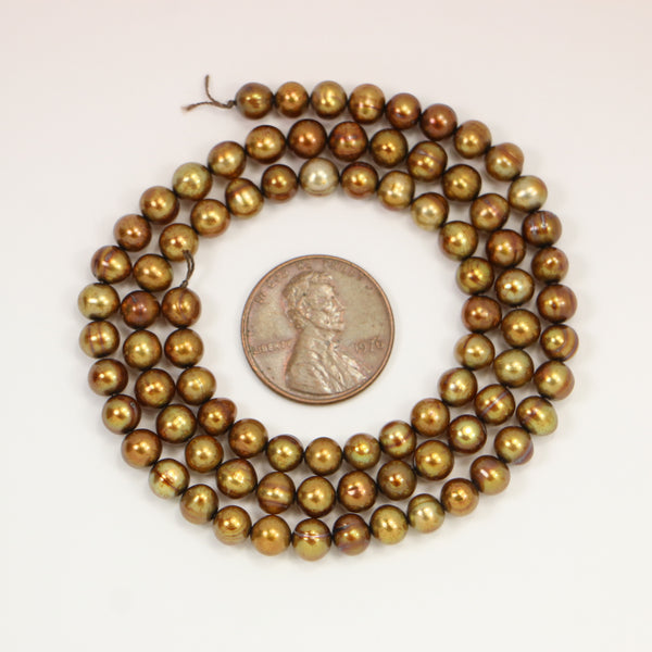 Pearls, Bronze, Round Medium Bronze with Gold Highlights 5mm Round on 16-inch Strands