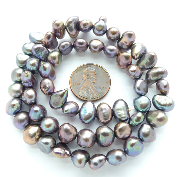 Pearls, Peacock, Large Baroque Shape 7x10mm on 16-inch Strand