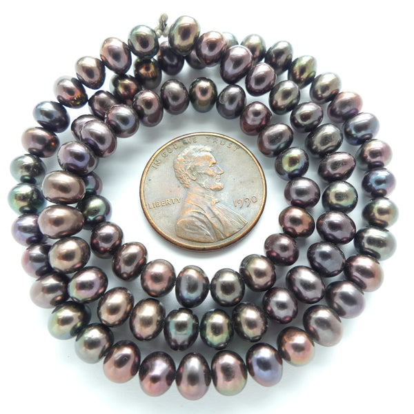 Pearls, Peacock, Dark with Coppery/Violet Highlights, Oblates 4x6mm on 16-inch Strands