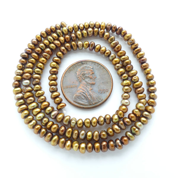 Pearls, Bronze, Button Shape Small 2x3mm on 16-inch Strands