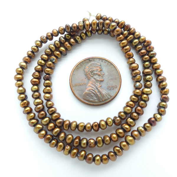 Pearls, Bronze, Button Shape, 3x3mm on 15 1/2 inch Strands