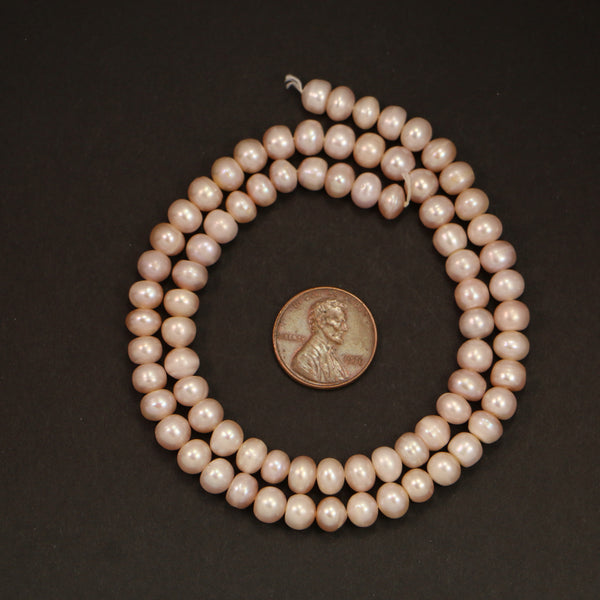 Pearls, Pink, Oblate (Slightly Flattened Round) Shape, 6x6mm on 16-inch Strand