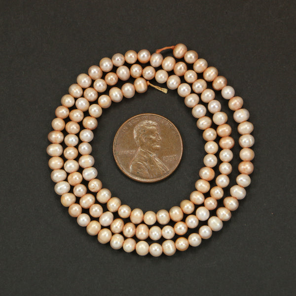 Pearls, Pink, Almost Round 4mm Diameter on 16-inch Strand