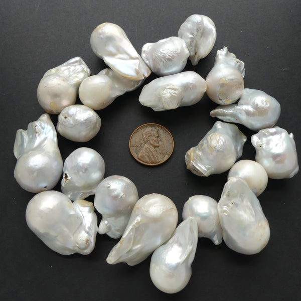 Pearls, White, Baroque Large White Very Irregular Pearls, 22-30mm Long, Sold in Sets of 4
