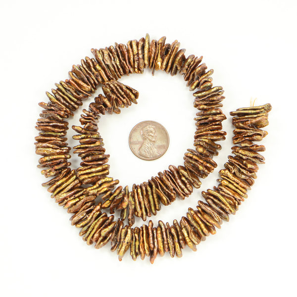 Pearls, Bronze, Keshi Center Drilled Flat Sticks, Thin 6x12mm Shape on 16-inch Strand